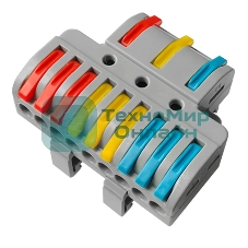 Клемма СМК Rexant 3х3D проходная разветвительная 3 полюса на DIN-рейку (0,08-4 мм²) (1 ввод, 3 вывода на полюс) серый (15 шт/уп)