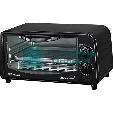 Мини печь Sakura SA-7018B черный, 10 л, мощность 1000 Вт, 2 кварц.нагреват.элемента, регулировка температуры 100-250С, 30-минутный таймер со звонком, световой индикатор работы, противень, решетка