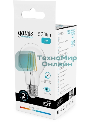 Лампа светодиодная филаментная Gauss Filament 7Вт цок.:E27 груша св.свеч.бел.нейт. (упак.:10шт)