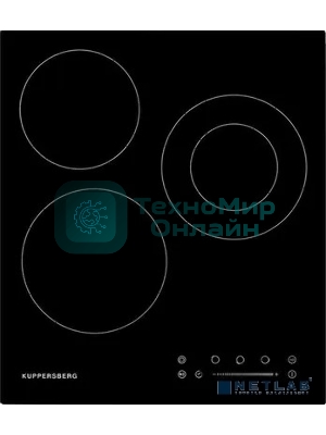 Электрическая варочная панель Kuppersberg ECS 402/ширина 45 см, 3 зоны ускоренного нагрева HI-Light, 1 зона с двойным расширением, сенсорное управление+слайдер, 4 цифровых дисплея, 9 уровней мощности, автоотключение, защита от перелива, защита от детей, индикаторы остаточного тепла, таймер, Stop & Go, черный/прямой край