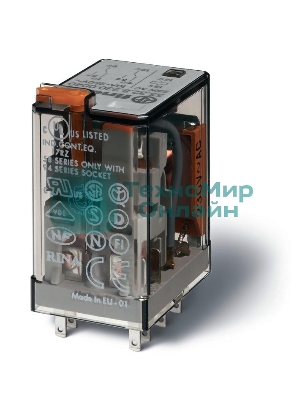 Реле миниатюрное универсальное электромеханич. монтаж в розетку 2CO 10А AgNi 230В AC RTI опции: кнопка тест + мех. индикатор FINDER 553282300040