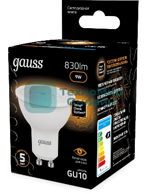 Лампа светодиодная Gauss 101506109 9Вт цок.:GU10 рефлек. 150B св.свеч.бел.теп. MR16 (упак.:10шт)