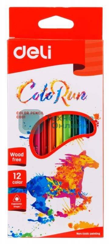 Карандаши цветные Deli EC00100 трехгранные пластик 12 цветов, коробка с европодвесом