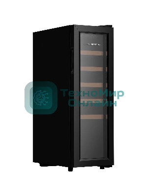 Винный шкаф Kuppersberg RSW 81, отдельностоящий, High-Tech, объем 45 л, вместимость 12 бутылок, диапазон температуры 5-20 градусов, механическое открытие двери, 5 полок из бука, LCD дисплей, уровень шума 38 дБ, черный