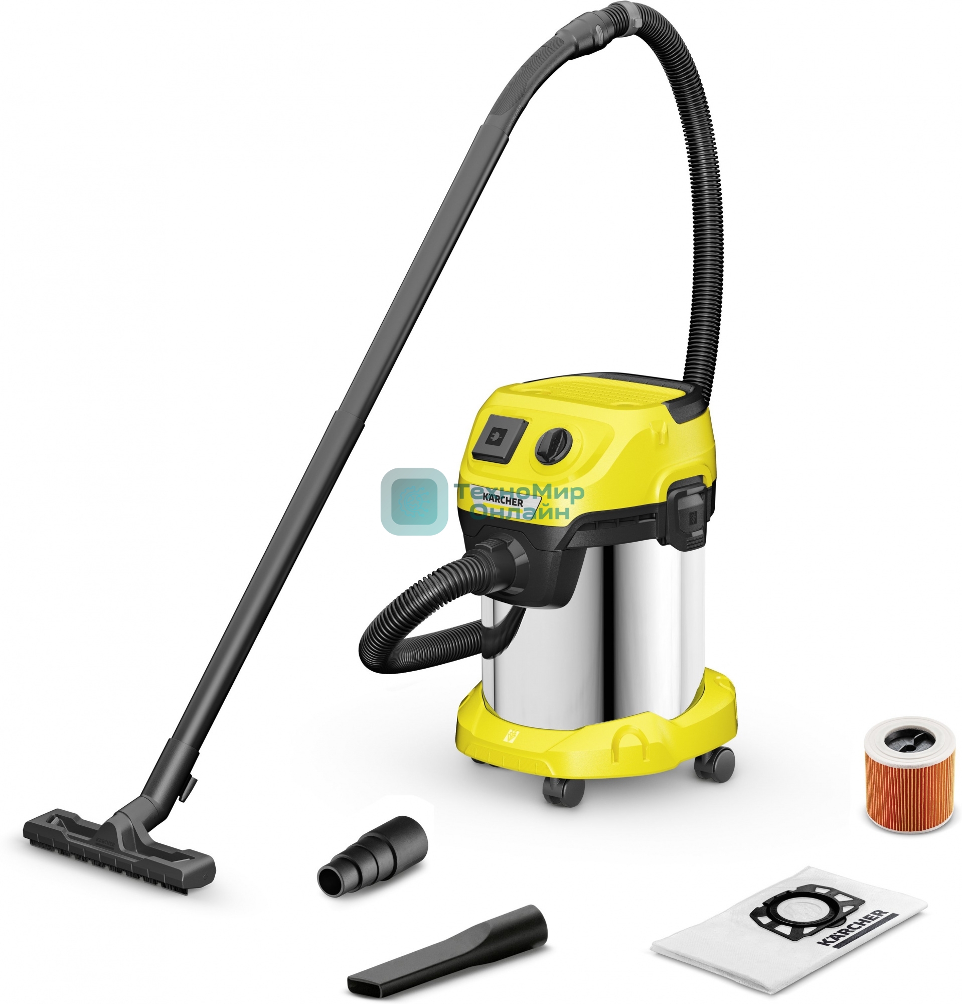 Строительный пылесос Karcher WD 3 P S V-17/4/20 желтый, 1000 Вт, уборка сухая/сбор воды, пылесборник мешок/контейнер, 17 л