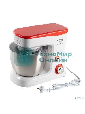 Миксер стационарный Endever Sigma-25, 1000 Вт., планетарный, многофункциональный, стальная чаша 3,5 л., регулировка скорости, белый/красный