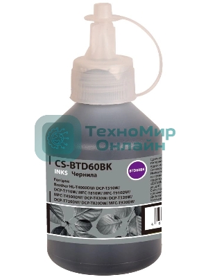 Чернила Cactus CS-BTD60BK черный 108мл для Brother HL-T4000DW, DCP-T510W, DCP-T710W, MFC-T810W, MFC-T910DW, MFC-T4500DW, DCP-T420W, DCP-T520W, DCP-T720DW, DCP-T820DW, MFC-T920DW