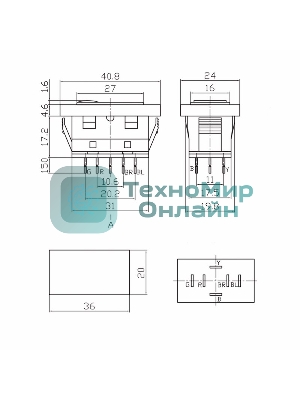 Выключатель (стеклоподъемника) Rexant клавишный 12V 20А (6с) (ON)-OFF-(ON) черный с подсветкой и проводом