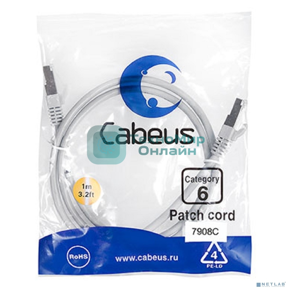 Шнур коммутационный Cabeus, cat.6, экр., F/UTP, RJ45/RJ45, LSZH, AWG24, 1м, серый