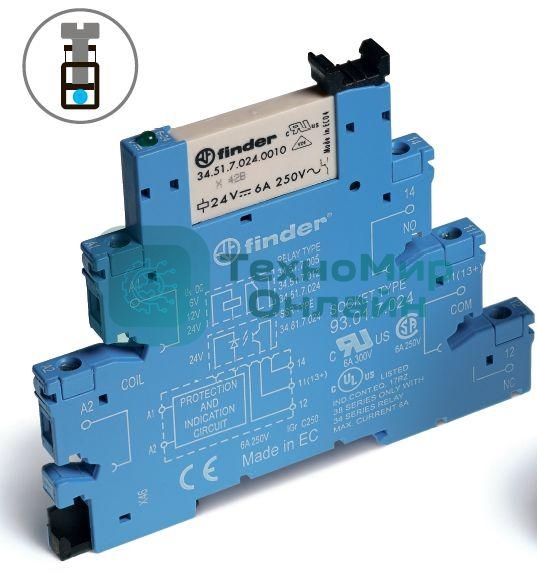 Реле электромеханическое интерфейсный модуль 1CO 6А AgNi 24В DC (чувствит.) IP20 винт. клеммы FINDER 385170240050