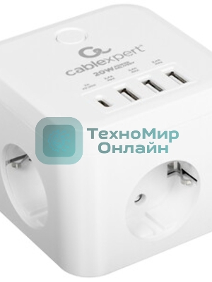 Сетевой фильтр Cablexpert Cube CUBE-3-CU3-W-1.5, 3 р, 10А, 1xType-C PD, 3xUSB, 1.5 м, ур.защиты 4+, белый, коробка