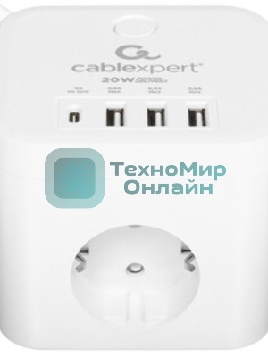 Сетевой фильтр Cablexpert Cube CUBE-3-CU3-W-1.5, 3 р, 10А, 1xType-C PD, 3xUSB, 1.5 м, ур.защиты 4+, белый, коробка