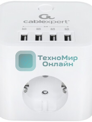 Сетевой фильтр Cablexpert Cube CUBE-3-U4-W-1.5, 3 р, 10А, 4хUSB, 1.5 м, ур.защиты 4+, белый, коробка