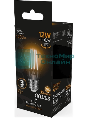 Лампа светодиодная Gauss Filament 102902112 12Вт цок.: E27 груша 185B св. свеч. белый теп. грушевидная (упак.: 10 шт)