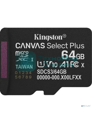 Флеш карта Micro SecureDigital 64Gb Kingston Canvas Select Plus Gen3 100Mb/s A1, без адаптера