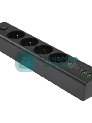 Сетевой фильтр Cablexpert Exnovo, EXN-4-CU2-B-2, 4р,16А, 1xType-C PD, 30Вт, 2хUSB, 2 м, ур. защиты 4+, черный, коробка