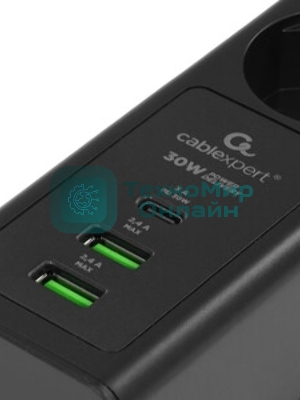 Сетевой фильтр Cablexpert Exnovo, EXN-4-CU2-B-2, 4р,16А, 1xType-C PD, 30Вт, 2хUSB, 2 м, ур. защиты 4+, черный, коробка