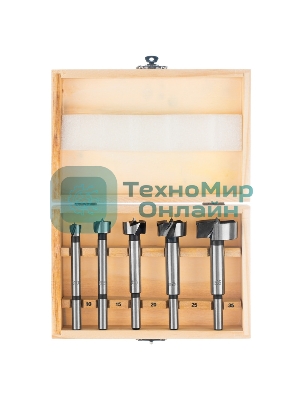 Набор сверл Форстнера по дереву Sparta 10-15-20-25-35 мм, 5 шт, в дерев. боксе, цилин. хвостовик