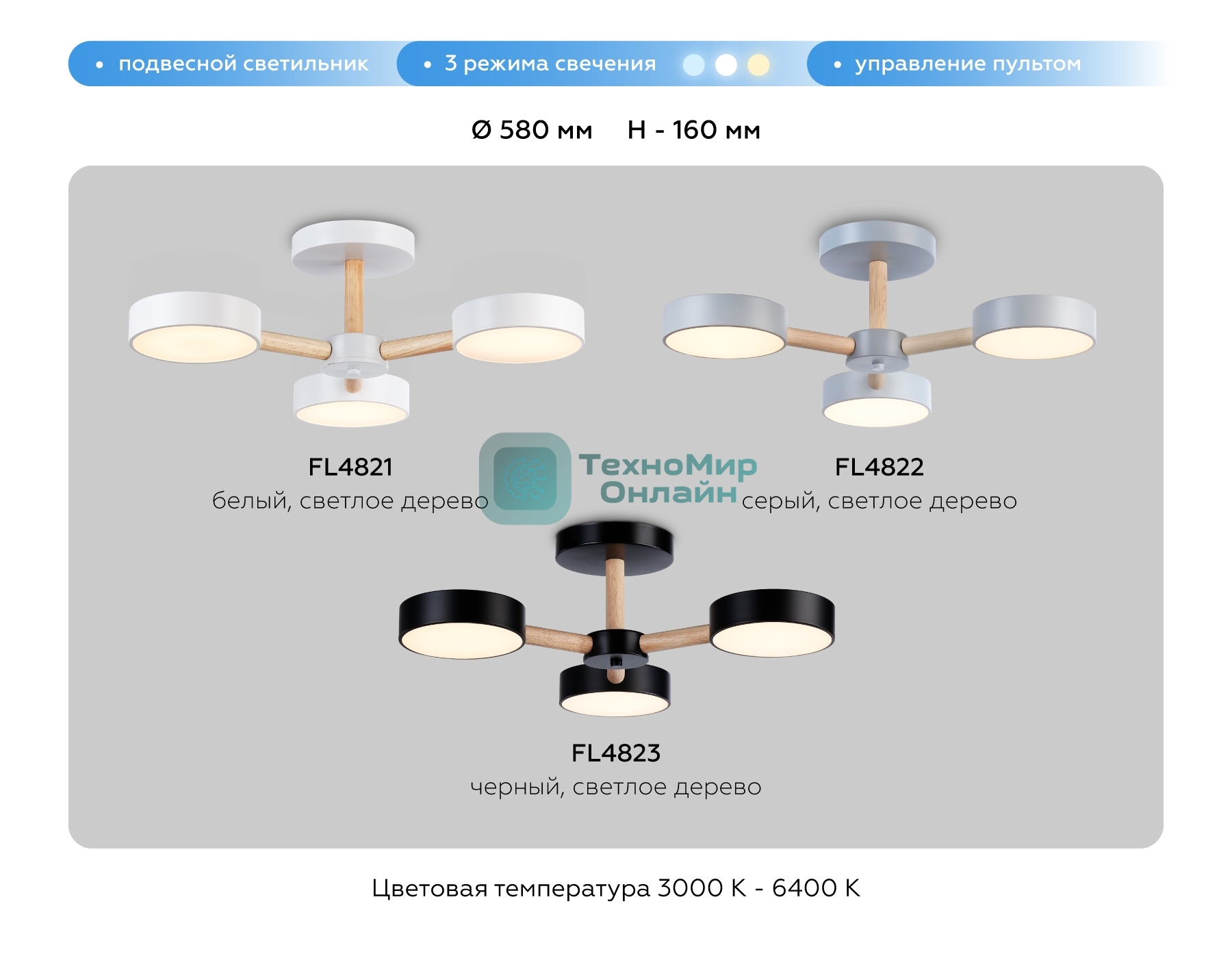 Светильник Ambrella light FL4821/3 WH белый 3000K-6400K 40W D580*160 (ПДУ ИК)