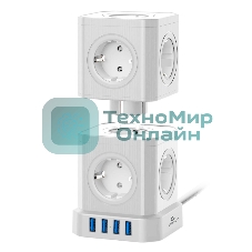 Сетевой фильтр Cablexpert Tower TWR-9-U4-W-2, 9 р, 16А, 4хUSB, 3.1А, 2 м, ур.защиты 4+, белый, коробка