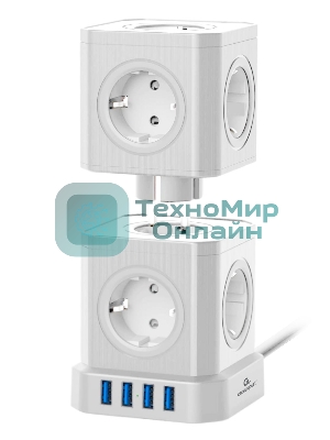 Сетевой фильтр Cablexpert Tower TWR-9-U4-W-2, 9 р, 16А, 4хUSB, 3.1А, 2 м, ур.защиты 4+, белый, коробка