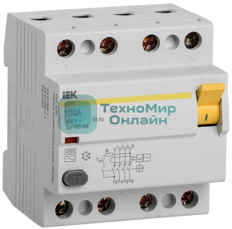 Выключатель дифференциального тока (УЗО) 4п 100А 100мА тип AC ВД1-63 IEK MDV10-4-100-100