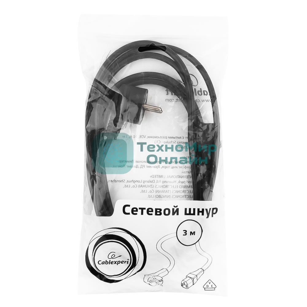 Кабель питания Cablexpert PC-186-VDE-3M, 3м, Schuko- C13, VDE, 10А, Сечение провода: 0,75 мм2, черный, с заземлением