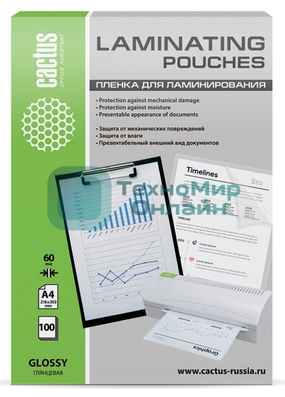 Пленка для ламинирования Cactus 60мкм A4 (100 шт) глянцевая 216x303 мм CS-LPGA460100