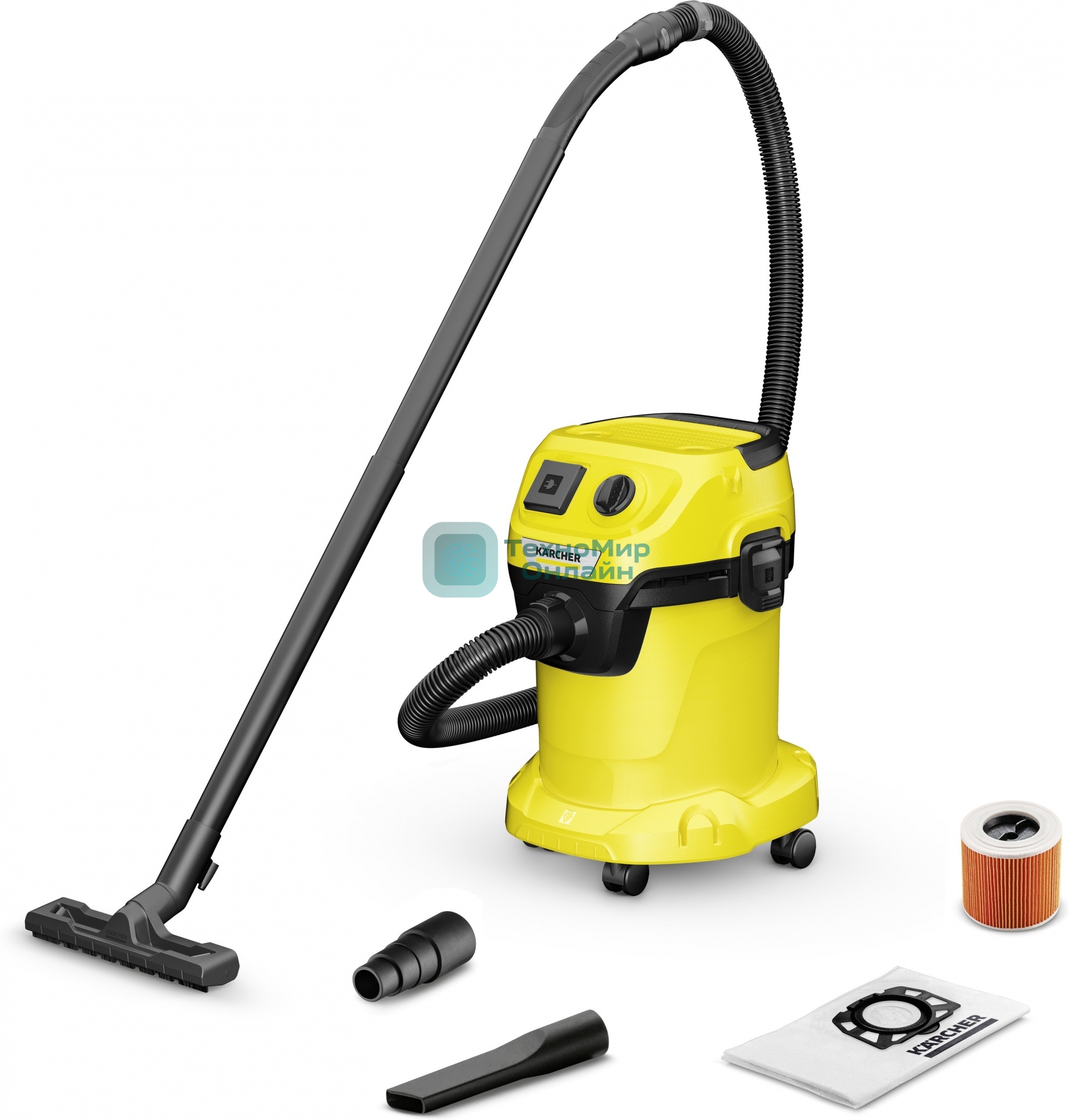 Строительный пылесос Karcher WD 3 P V-17/4/20 желтый, 1000 Вт, уборка сухая/сбор воды, пылесборник мешок/контейнер, 17 л