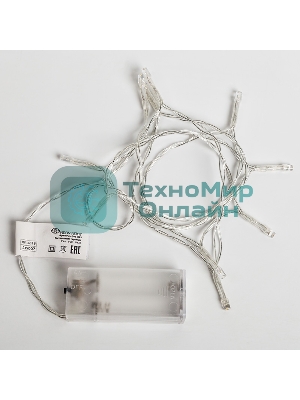 Гирлянда светодиодная Neon-night универсальная 10 LED, 1,2 метра, прозрачный ПВХ, теплое белое свечение, батарейки 2хАА