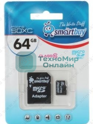 Флеш карта Smartbuy MicroSDHC 64Gb Class10 + адаптер(Флеш карта Smartbuy microSDHC 64Gb Class 10 SB64GbSDCL10-01 + adapter; SB64GbSDCL10-01; черный)