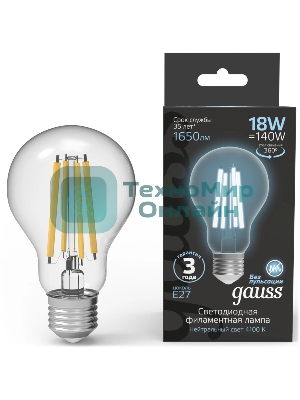 Лампа светодиодная филаментная Gauss Filament 18Вт цок.:E27 груша св.свеч.бел.нейт. (упак.:10шт)