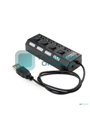 Разветвитель USB2.0 Gembird 4xUSB, блок питания 2А, подсветка и выкл, кабель USB 55 см, черный
