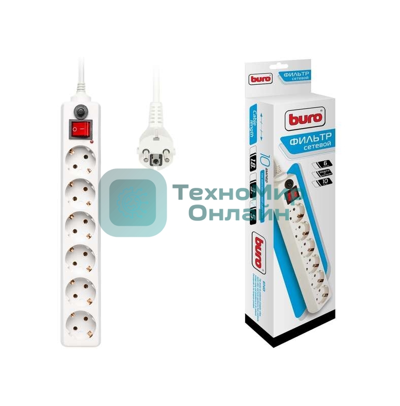 Удлинитель с сетевым фильтром Buro 6х5 м с заземл. 10А IP20 600SH-5-W CCA 3х0.75 белый