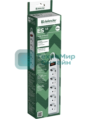 Сетевой фильтр Defender ES 99481 белый, 1.8 м, EURO, 5 розеток, 2200 Вт
