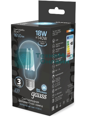 Лампа светодиодная филаментная Gauss Filament 18Вт цок.:E27 груша св.свеч.бел.нейт. (упак.:10шт)