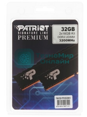 Оперативная память Patriot Signature, DDR4, 32GB (1x32 GB), 3200 MHz, CL22, DIMM