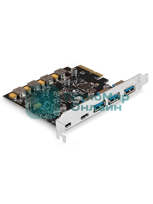 Контроллер ExeGate EXE-313-3A2C (PCI-E x4 v3.0, USB3.2 Gen2 3xType-A + 2xType-C ext., SuperSpeed+ скорость до 10 Gbит/с, разъем доп.питания, ASMedia Chipset ASM3142)