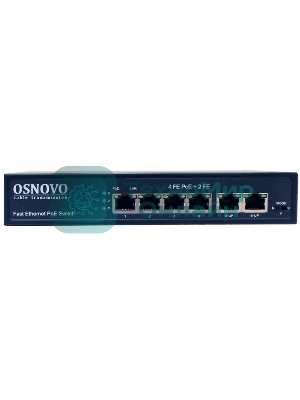 Коммутатор Osnovo SW-20600(80W) PoE коммутатор 6 портов, 4 PoE порта 10/100 Base-T, 2*10/100 Base-T Uplink, до 30W на порт, суммарно до 80W