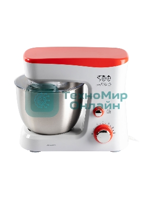 Миксер стационарный Endever Sigma-25, 1000 Вт., планетарный, многофункциональный, стальная чаша 3,5 л., регулировка скорости, белый/красный