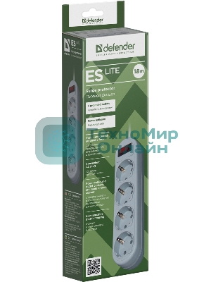 Сетевой фильтр Defender ES Lite, 1.8 м, 4 розетки, серый