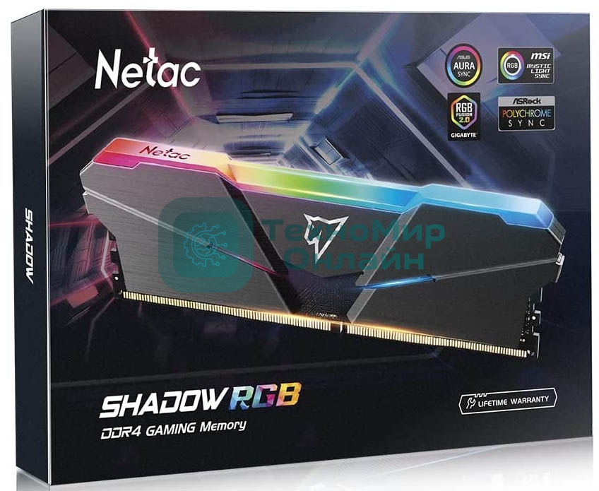 Оперативная память NETAC Shadow, DDR4, 16GB (1x16GB), 3200MHz, CL16, DIMM, с радиатором, RGB, серый
