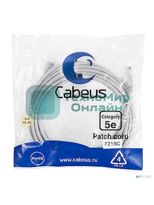 Патч-корд Cabeus PC-UTP-RJ45-Cat.5e-5m U/UTP, cat.5е, 2xRJ45/8p8c, неэкранированный, серый, PVC, 5м
