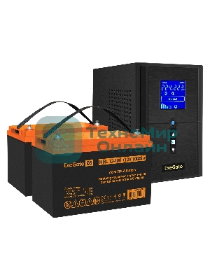 Комплект Источник бесперебойного питания EX295988RUS + батарея 100Aч EX285656RUS 2шт (инвертор, синус, для котла) ExeGate SineTower SZ-1500.LCD.AVR.2SH.1C13.USB 1500VA/1200W, чистый синусоида, LCD дисплей, AVR, 2хSchuko+1хC13, USB, линейно-интерактивный, Black + батарея ExeGate HRL 12-100 (12В, 100А·ч) 2шт