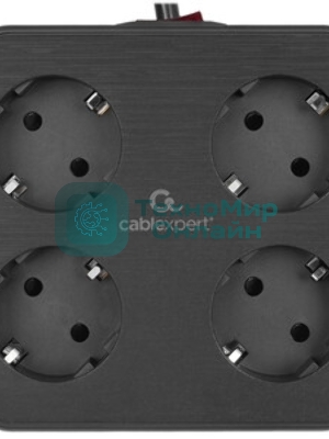 Сетевой фильтр Cablexpert Plate, PLT-4-C2U2-B-3, 4р, 10А, 2xType-C PD, 20Вт, 2xUSB, 2.4A, 3 м, ур. защиты 4+, черный, коробка