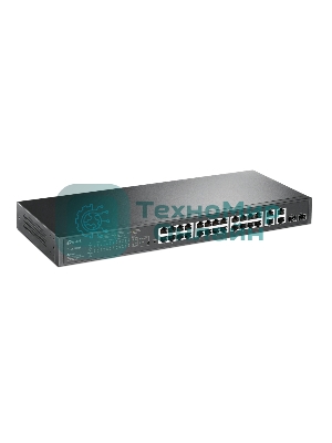 Коммутатор сетевой JetStream 24-port 10/100Mbps + 4-port Gigabit L2 Smart Switch with 24-port PoE+, PoE budget up to 250W, support PoE power management, with abundant L2 features,1U rack mountable, full managed via web UI/CLI/SSH/Telnet/SNMP