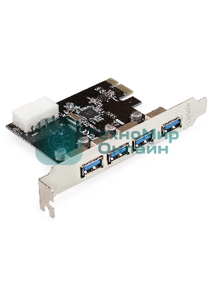 Контроллер ExeGate EXE-314 v2.0 (PCI-E x1 v2.0, 4хUSB 3.0 ext., разъем доп.питания Molex, VIA Labs Chipset VL805)