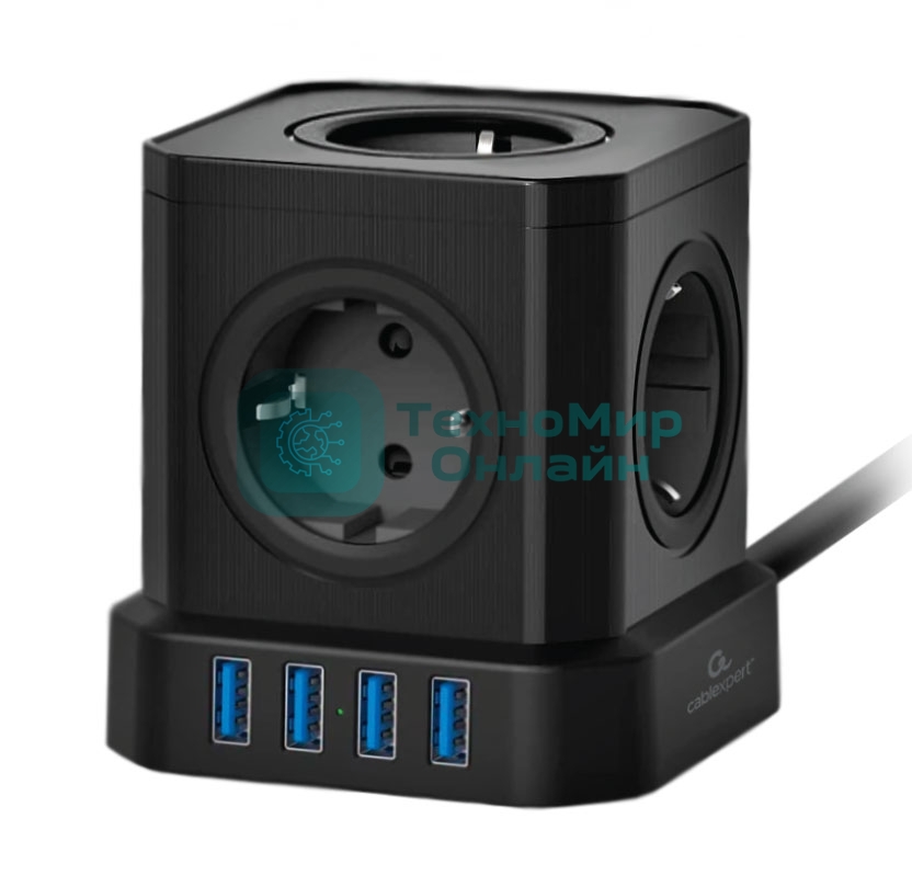 Сетевой фильтр Cablexpert Tower, TWR-5-U4-B-2, 5 р, 10А, 4хUSB, 3.1А, 2 м, ур.защиты 4+, черный, коробка
