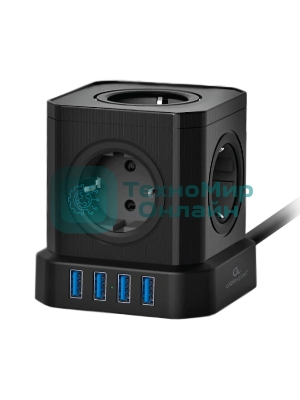 Сетевой фильтр Cablexpert Tower, TWR-5-U4-B-2, 5 р, 10А, 4хUSB, 3.1А, 2 м, ур.защиты 4+, черный, коробка