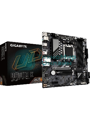 Материнская плата GIGABYTE B650M K, AM5, AMD B650, 4xDDR5, 4xSATA, 2xM.2, 1xPCIe 4.0 x16, 1xPCIe x1, 1xHDMI, 1xDP, 1x2.5Gb LAN, 1xUSB 3.2 Gen 2, 2xUSB 3.2 Gen 1, 4xUSB 2.0, 3x3.5 мм, 7.1, micro-ATX